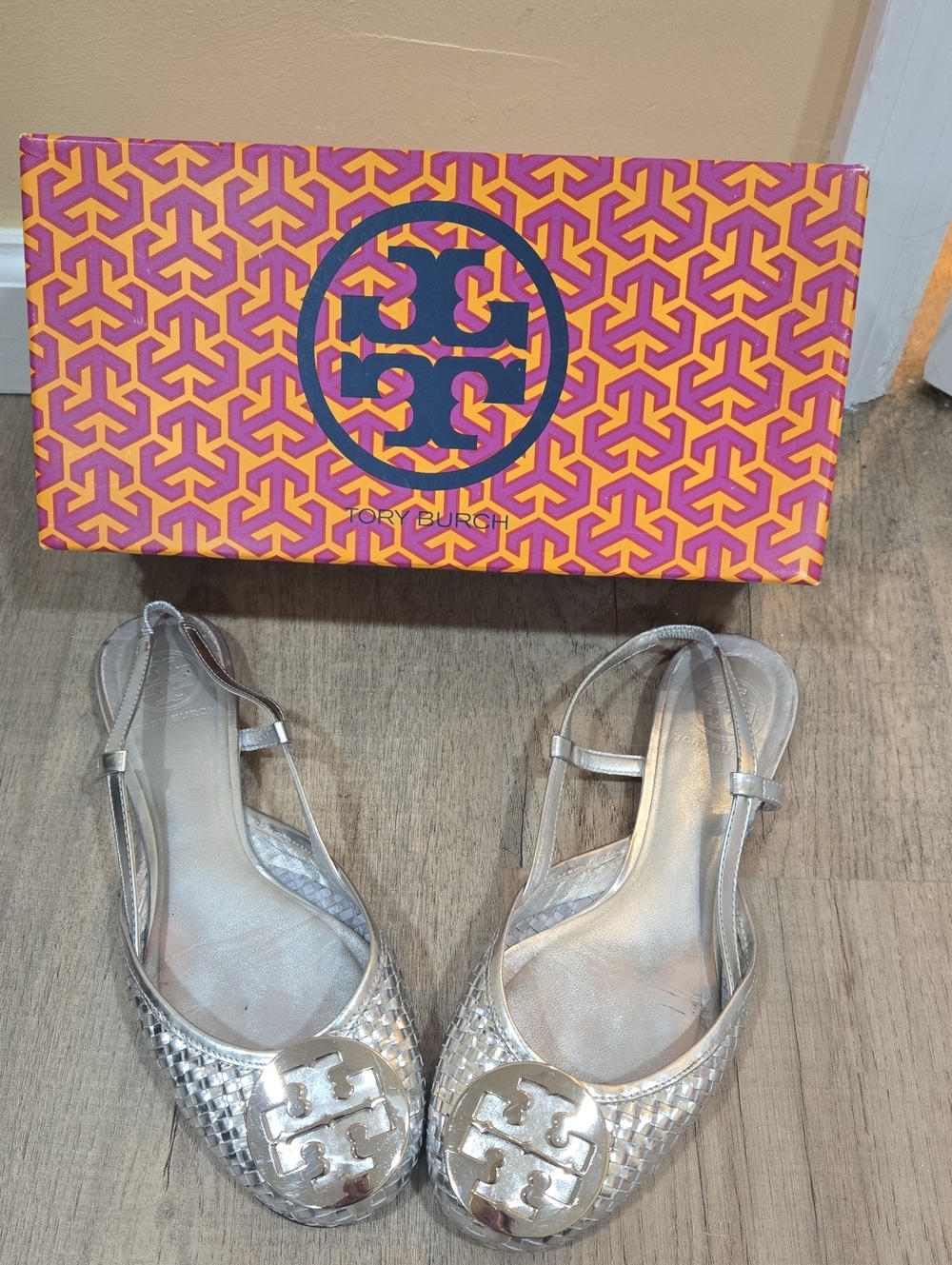 Tory Burch Metallic Silver Woven Slingback Flats